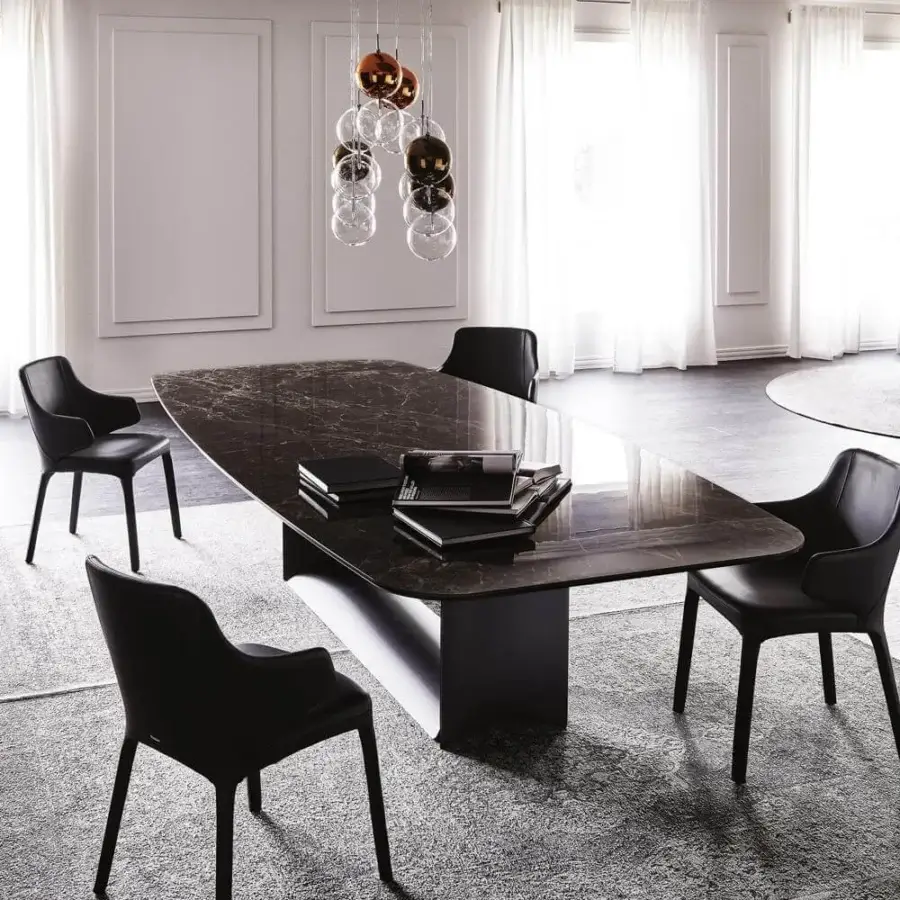 Exceptional Cattelan Italia Dragon table with shaped glossy Sahara Noir ceramic marmi top and graphite embossed lacquered steel base