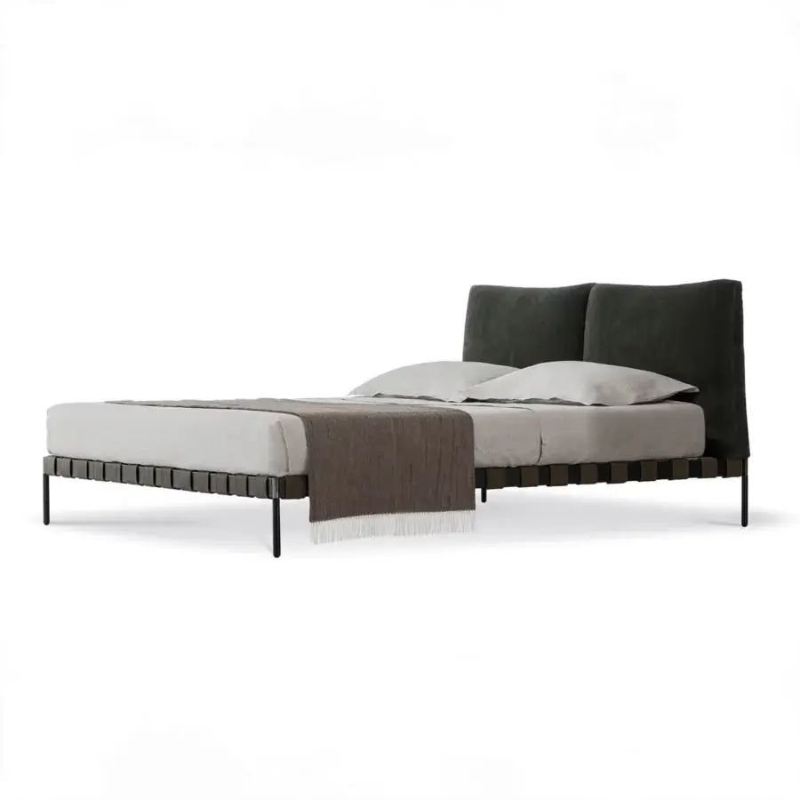 Distinguished Cierre1972 Oscar bed with dark gray textile upholstery and a grid-like pattern built with slender black metal legs