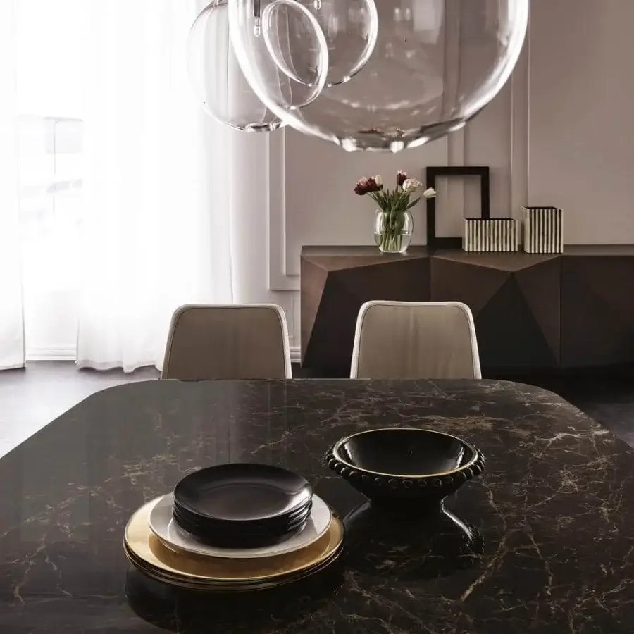 Superior Cattelan Italia Dragon table with glossy Portoro ceramic top and embossed lacquered steel base