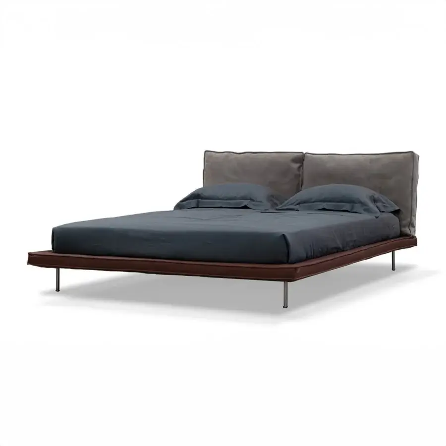 Exceptional Cierre1972 Divine bed with cushioned gray sections and dark brown wood frame built with thin metal legs