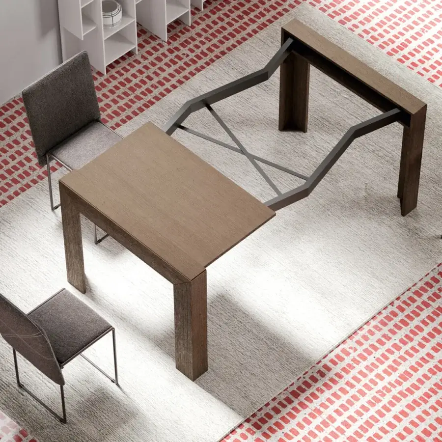 Exceptional Ozzio Italia Minux console to table crafted with wood extensions and legs in a medium brown matte finish