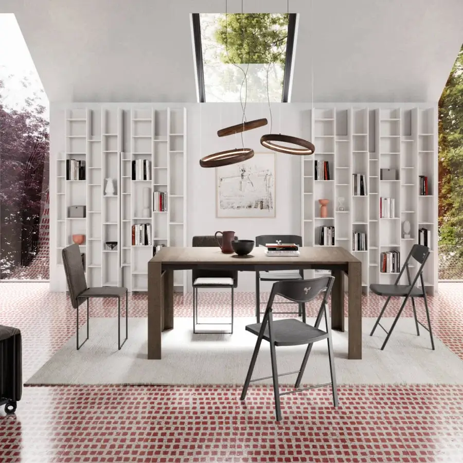 Superior Ozzio Italia Minux console to table crafted with wood, aluminum, and coral-red upper cabinet with dark gray lower section