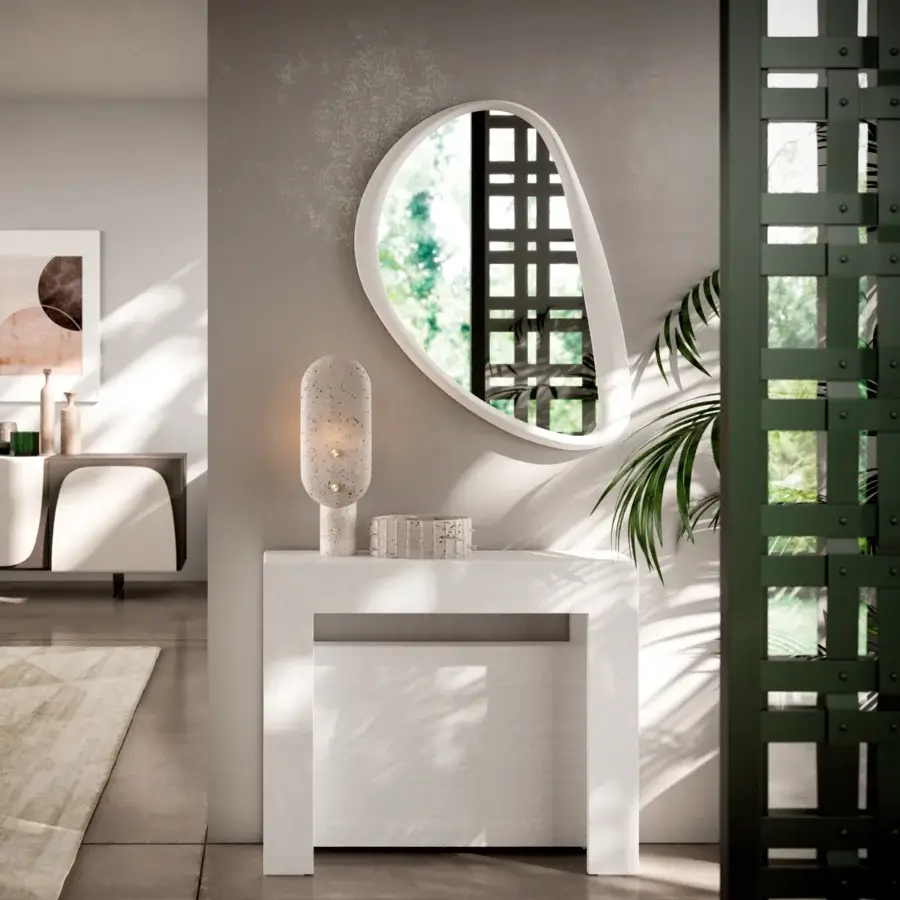 Distinguished Ozzio Italia Minux console to table built with wood extensions and light off-white matte finish