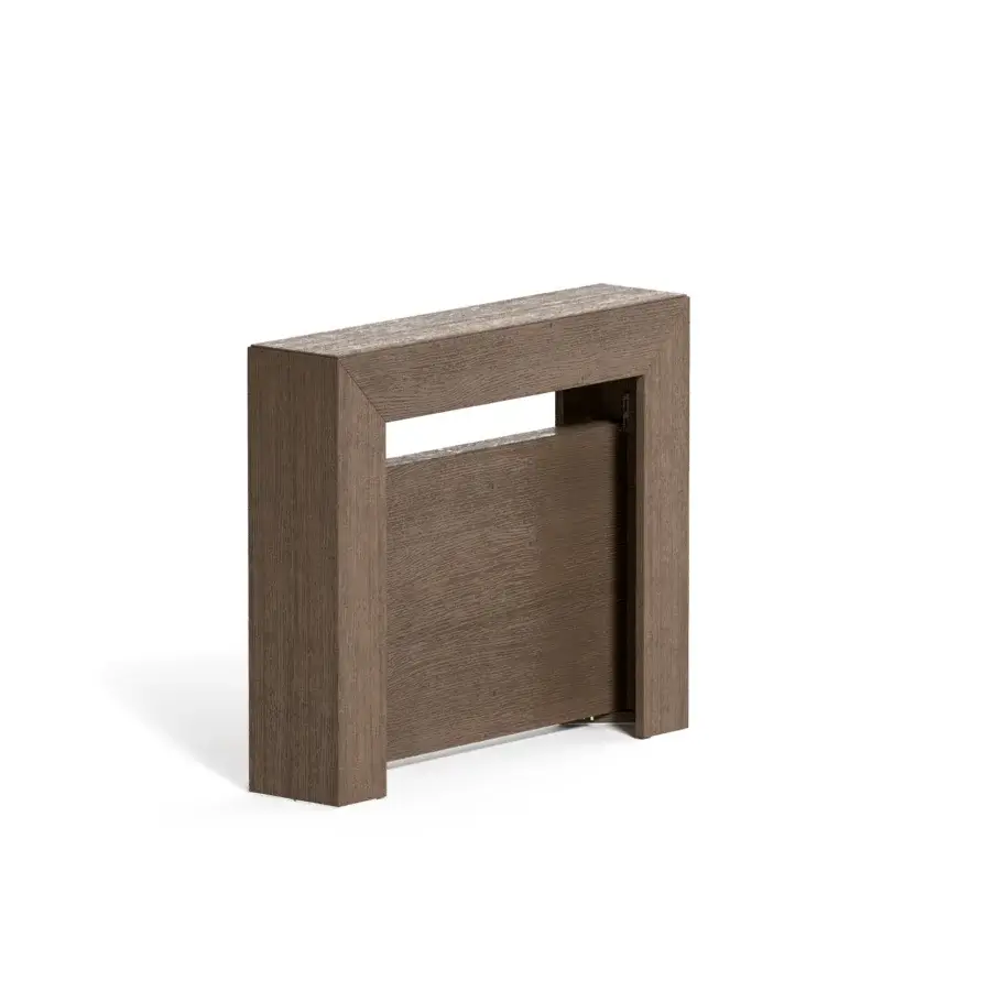 Exceptional Ozzio Italia Minux console to table crafted with wood extensions and a medium brown finish