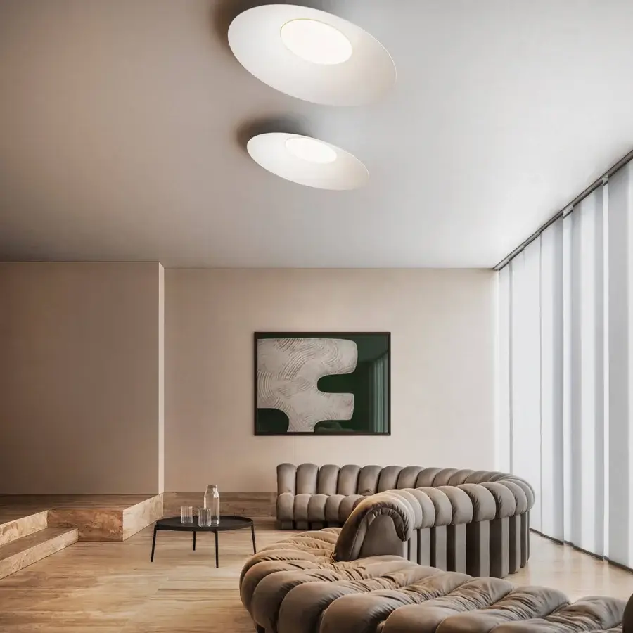 Superior Kundalini Kate ceiling lamp in white with an opal diffuser and premium aluminum coated structure, matte finish