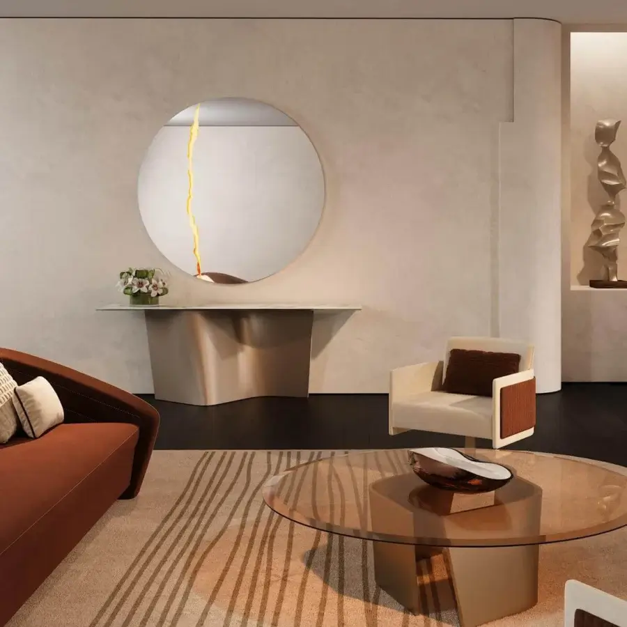 Exceptional Reflex Esse table with transparent bronze glass top and curved Satin Brass extra clear glass base