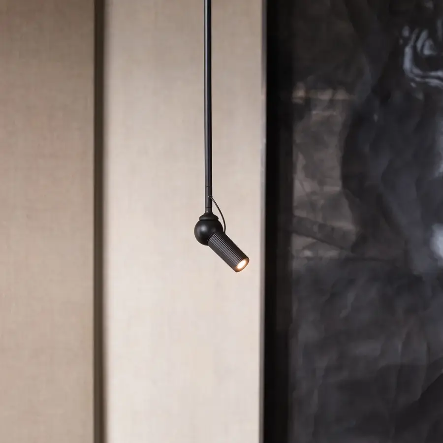 Superior Kundalini Bird ceiling lamp with a cylindrical form crafted in varnished aluminum and coated metal with a matte black finish