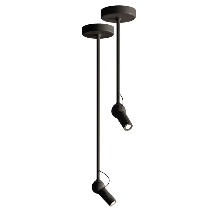 Elegant Kundalini Bird ceiling lamp with a varnished aluminum head and coated metal structure in dark brown or black matte finish