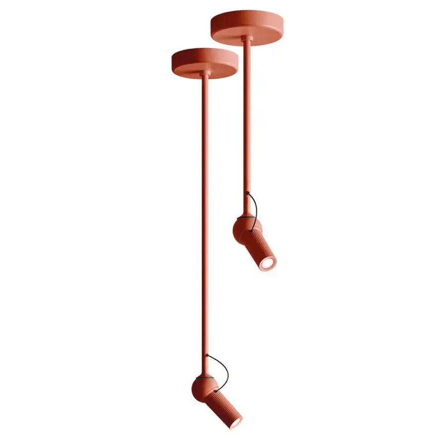 Exceptional Kundalini Bird ceiling lamp with a die-cast varnished aluminum head and coated metal in a salmon matte finish