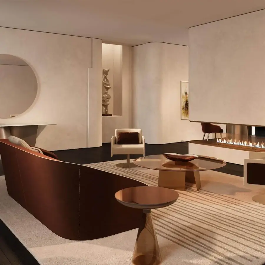 Superior Reflex Esse table with bronze glass top and curved extra clear glass base in satin brass finish