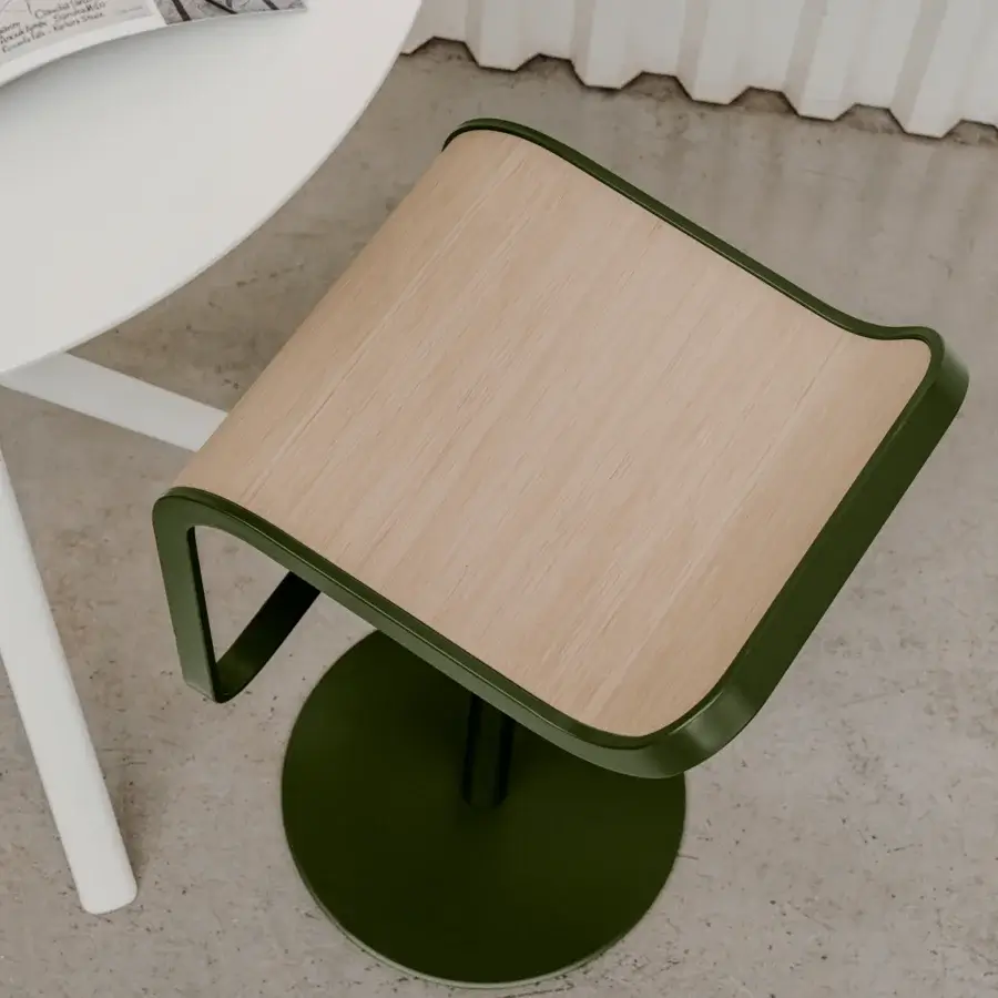 Innovative Lapalma Lem stool with soft shape, light natural plywood seat and dark green powder-coated metal frame
