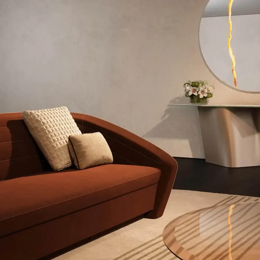 Elegant Reflex Esse table with beveled bronze glass top and curved satin brass finished extra clear glass base