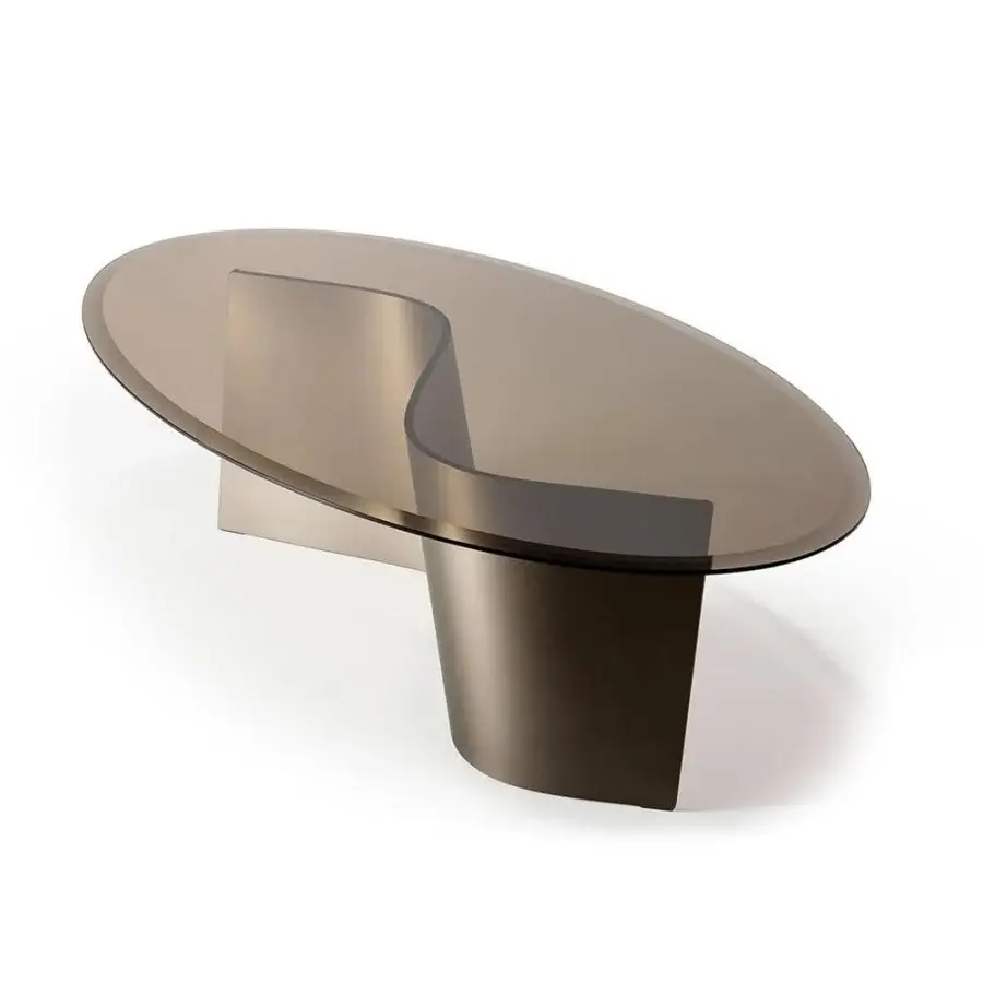 Exclusive Reflex Esse table with curved extra clear glass base and oval smoky bronze glass top in satin brass finish