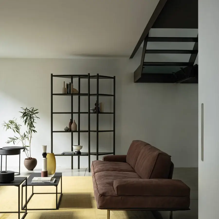 Harmonious Cierre1972 Vogue sofa in brown textile with matte finish exhibiting rationalist geometry and cylindrical gold legs