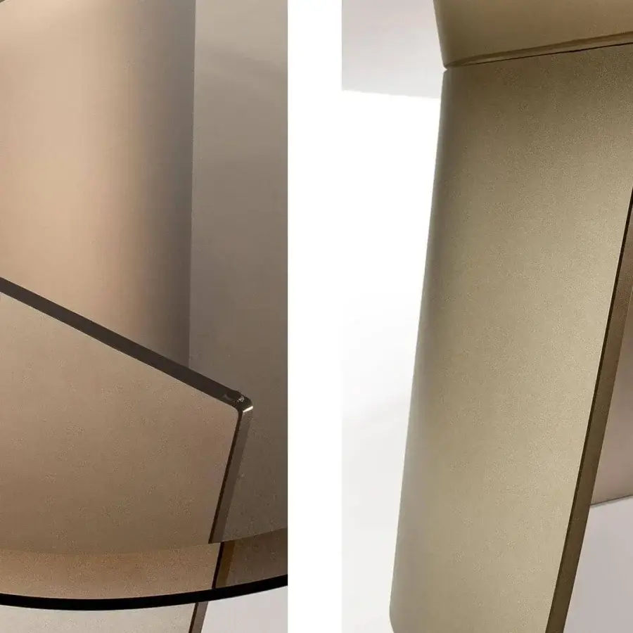 Superior Reflex Esse coffee table with bronze glass top and curved extra clear glass base in Satin Brass
