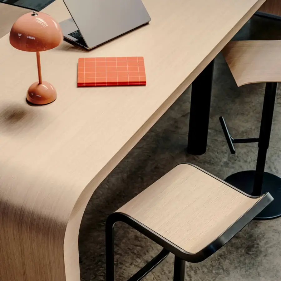 Superior Lapalma Lem stool with a light wood-toned plywood seat and sleek matt chromed metal frame built with a stainless steel base