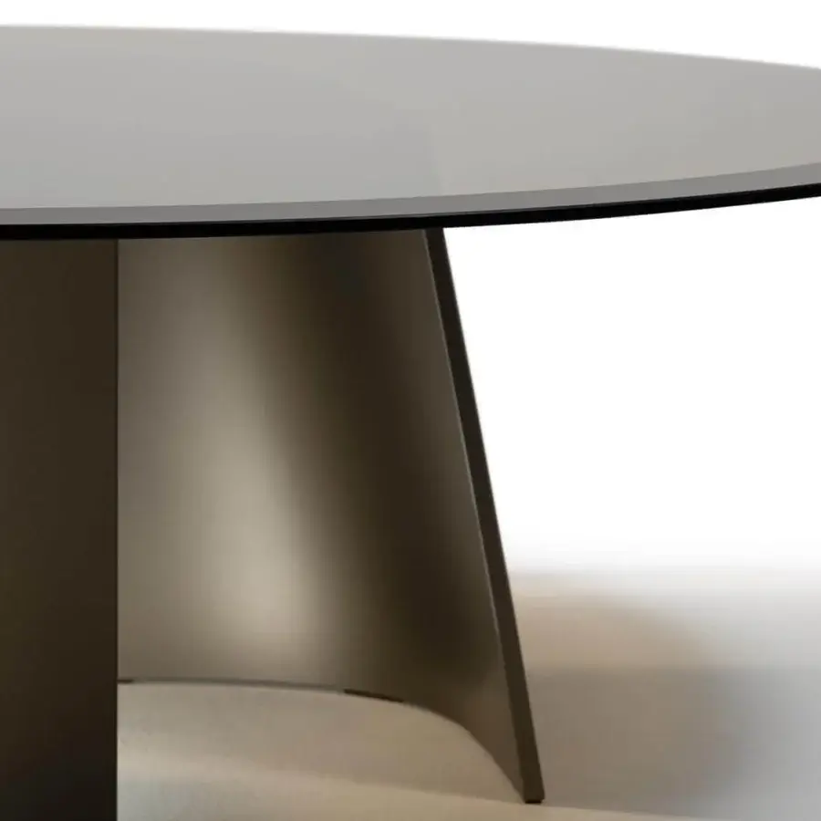 Elegant Reflex Esse coffee table with curved extra clear glass base and beveled bronze glass top exhibiting a glossy finish