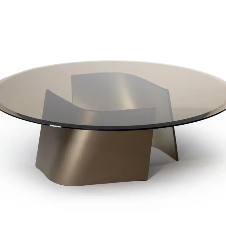Distinguished Reflex Esse coffee table with transparent bronze glass top and curved extra clear glass base in a luxurious Bronze finish
