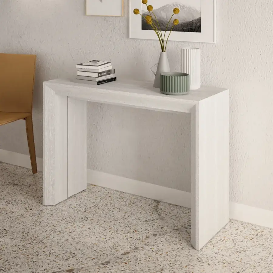 Superior Ozzio Italia Golia console to table with light gray open pore matt lacquered wood and pivoting leg