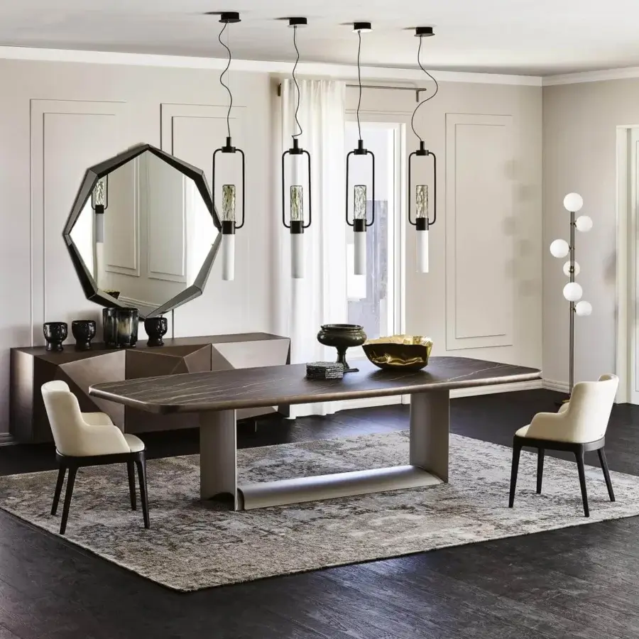 Superior Cattelan Italia Dragon table with ceramic Marmi Makalu top and graphite embossed lacquered steel base in a matte finish