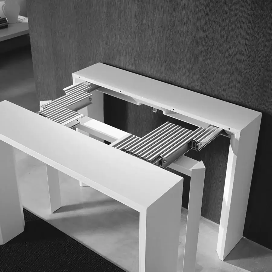 Distinguished Ozzio Italia Golia console to table crafted in wood with a white open pore matte lacquered finish and telescopic aluminum mechanism