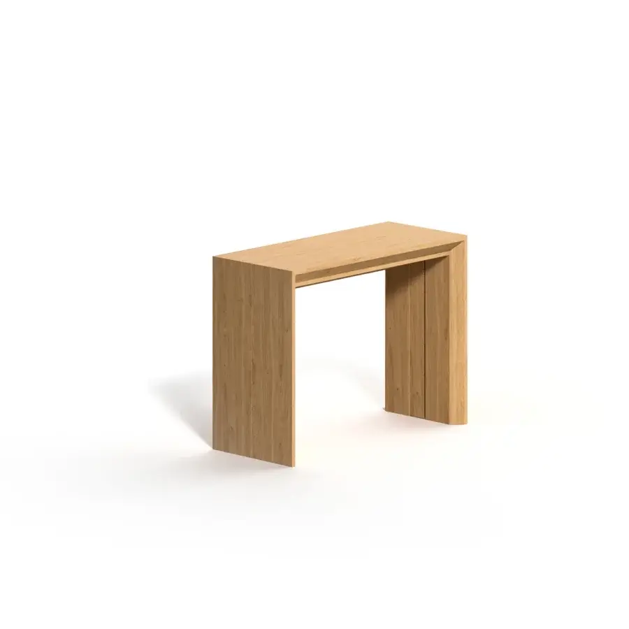Elegant Ozzio Italia Golia console to table crafted in open pore matt lacquered light natural wood with telescopic aluminum mechanism