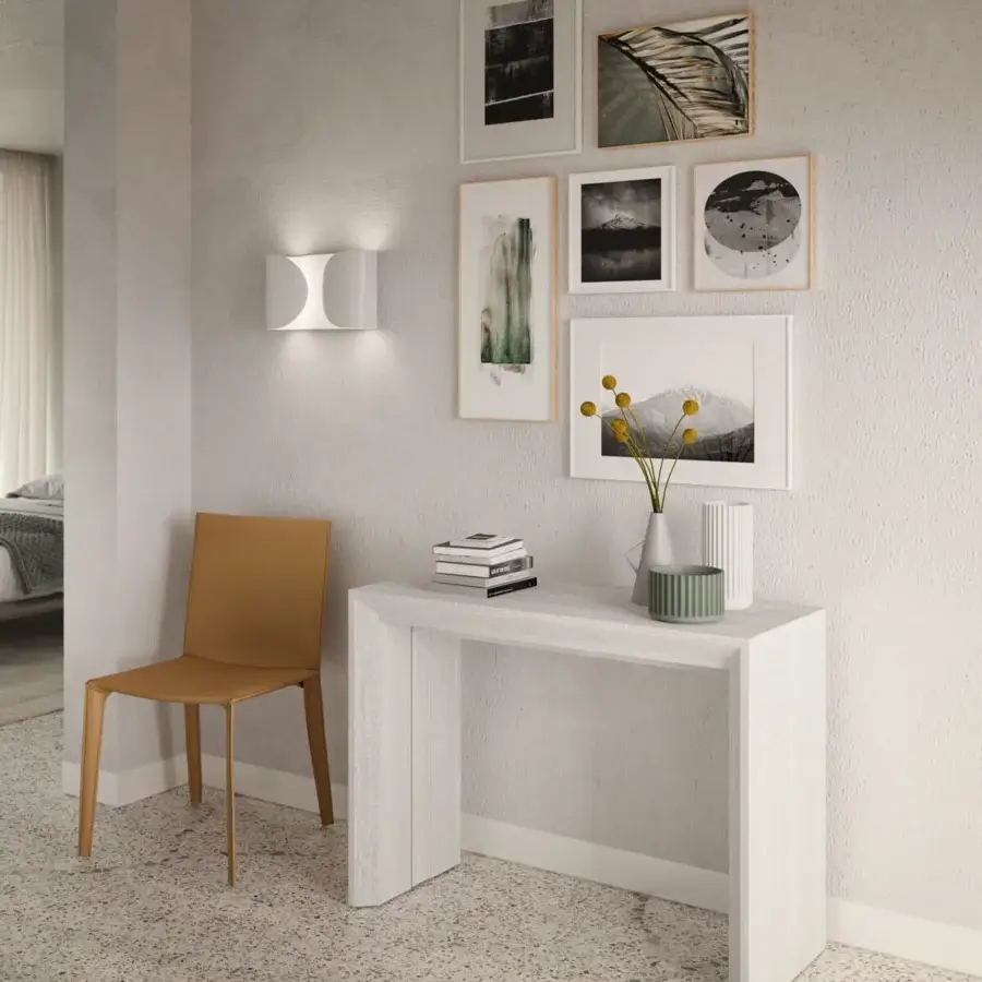 Exceptional Ozzio Italia Golia console to table crafted in light grey wood with aluminum telescopic mechanism and open pore matt finish