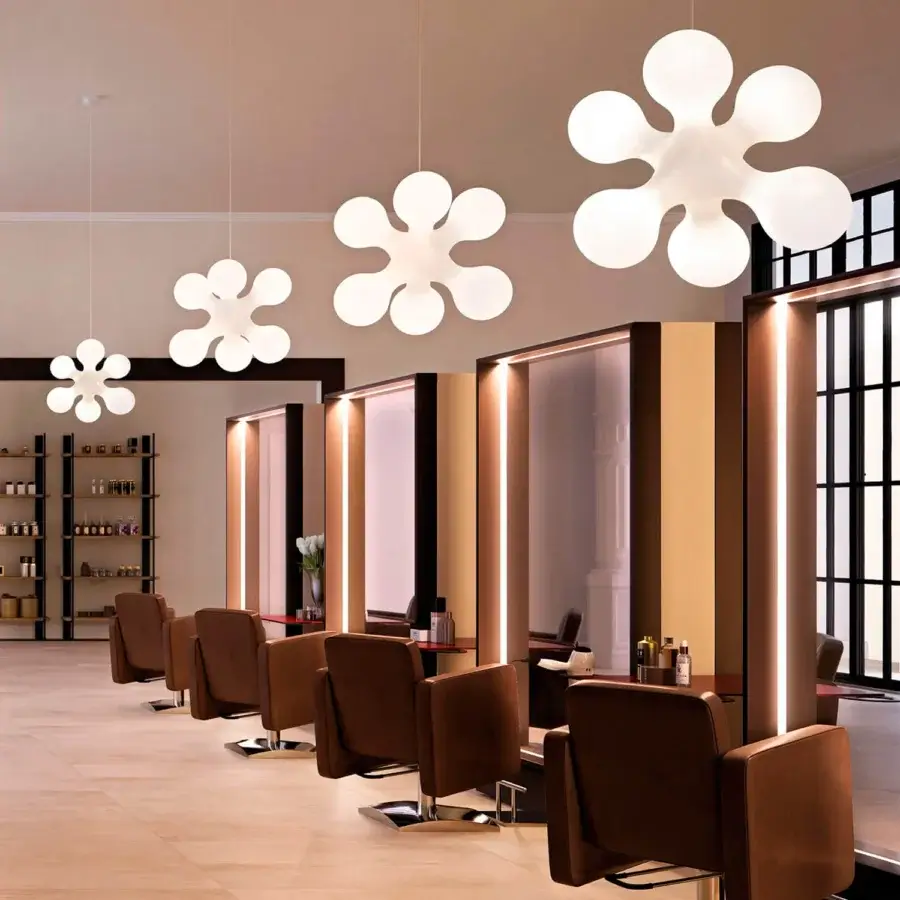 Distinguished Kundalini Atomium suspension lamp crafted in rotational-molded polyethylene with a matte white finish diffusing warm light