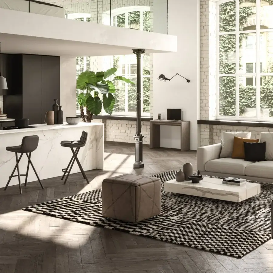 Distinguished Ozzio Italia Milo stool with comfortably padded gray textile seat and fixed black metal base