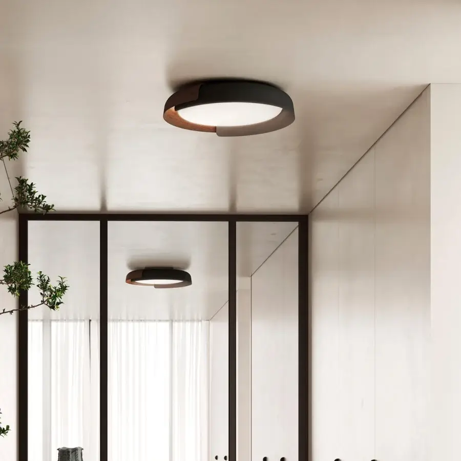Exceptional Kundalini Dala ceiling lamp with a clover-like form in metallic coating, wood-like material, and white opal diffuser