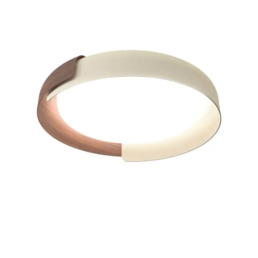 Elegant Kundalini Dala ceiling lamp with a clover-like form in matte ivory and wood-toned sections crafted with a metallic coating