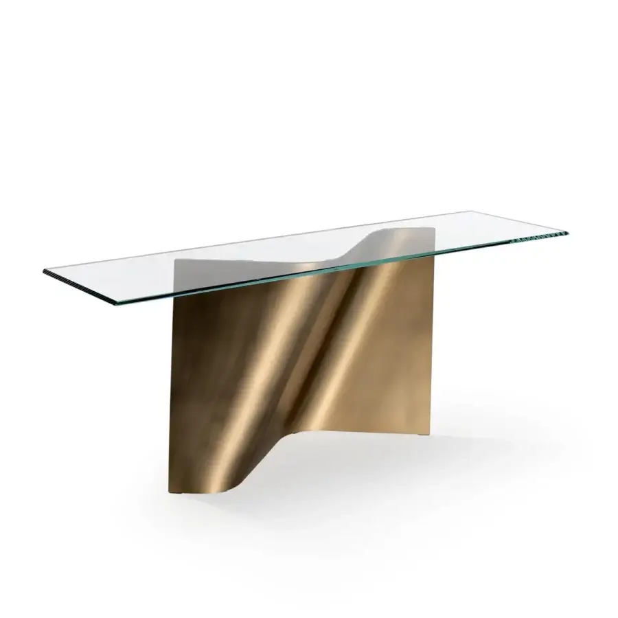 Distinguished Reflex Esse console with a glass top and sculptural base crafted in matte gold-tone bronze finish