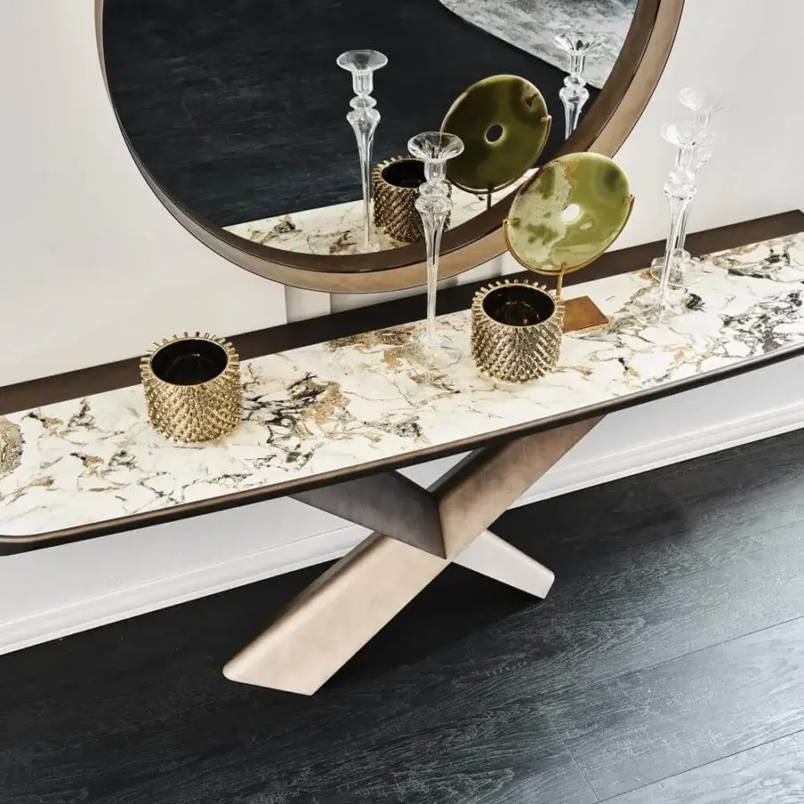 Exceptional Cattelan Italia Terminal Keramik console with white, black and gold veined ceramic and dark metallic finish, supported by a light-toned base