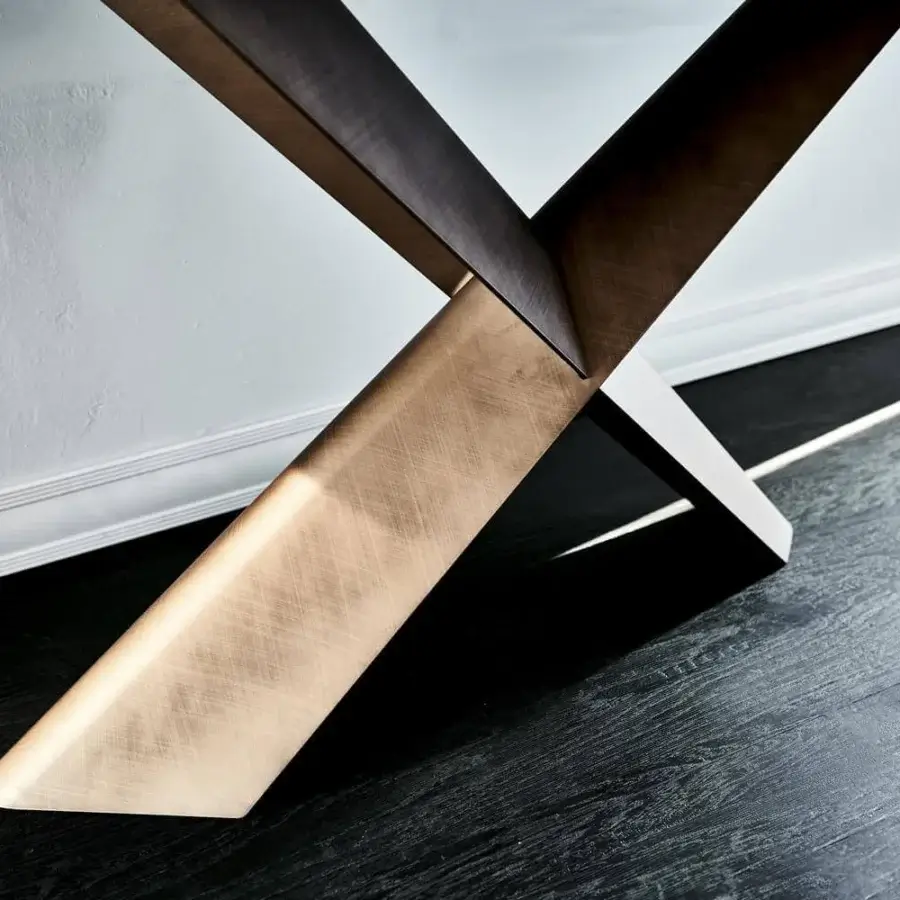 Distinctive Cattelan Italia Terminal Keramik console with intersecting supports in brushed bronze and dark matte wood showcasing visible grain