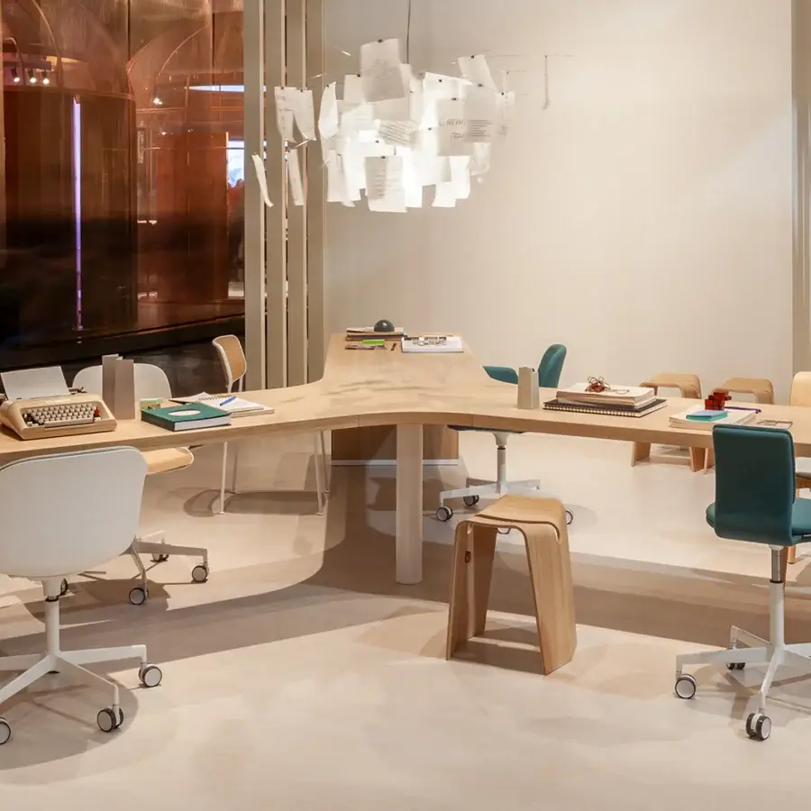 Exceptional Lapalma Brunch workstation with a curving wooden top and powder-coated white metal base crafted in Italy