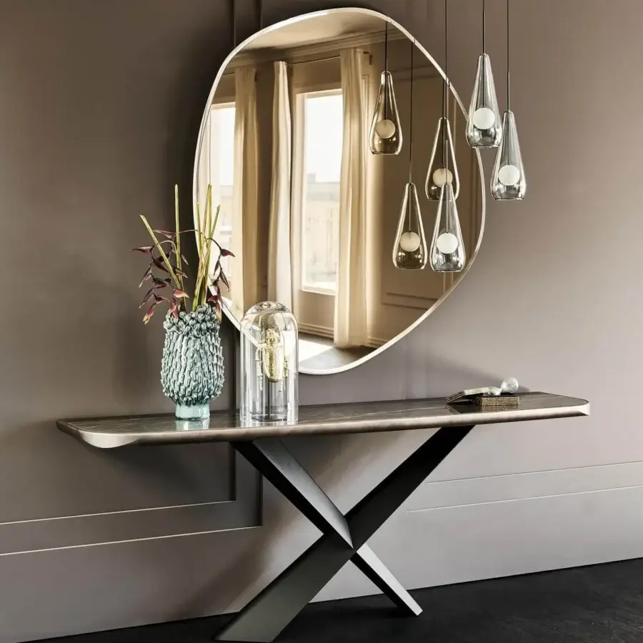 Superior Cattelan Italia Terminal Keramik console crafted with grey and brown ceramic and an intersecting base in brushed bronze finish