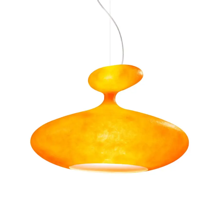 Innovative Kundalini E.T.A. suspension lamp in vibrant orange ecological fiberglass with a metallic inner structure and uniform finish