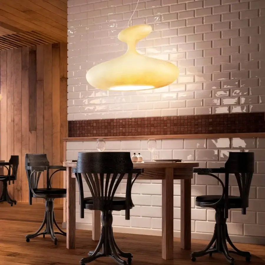 Exceptional Kundalini E.T.A suspension lamp with ecological fiberglass, a fluid form and metallic inner structure in off-white
