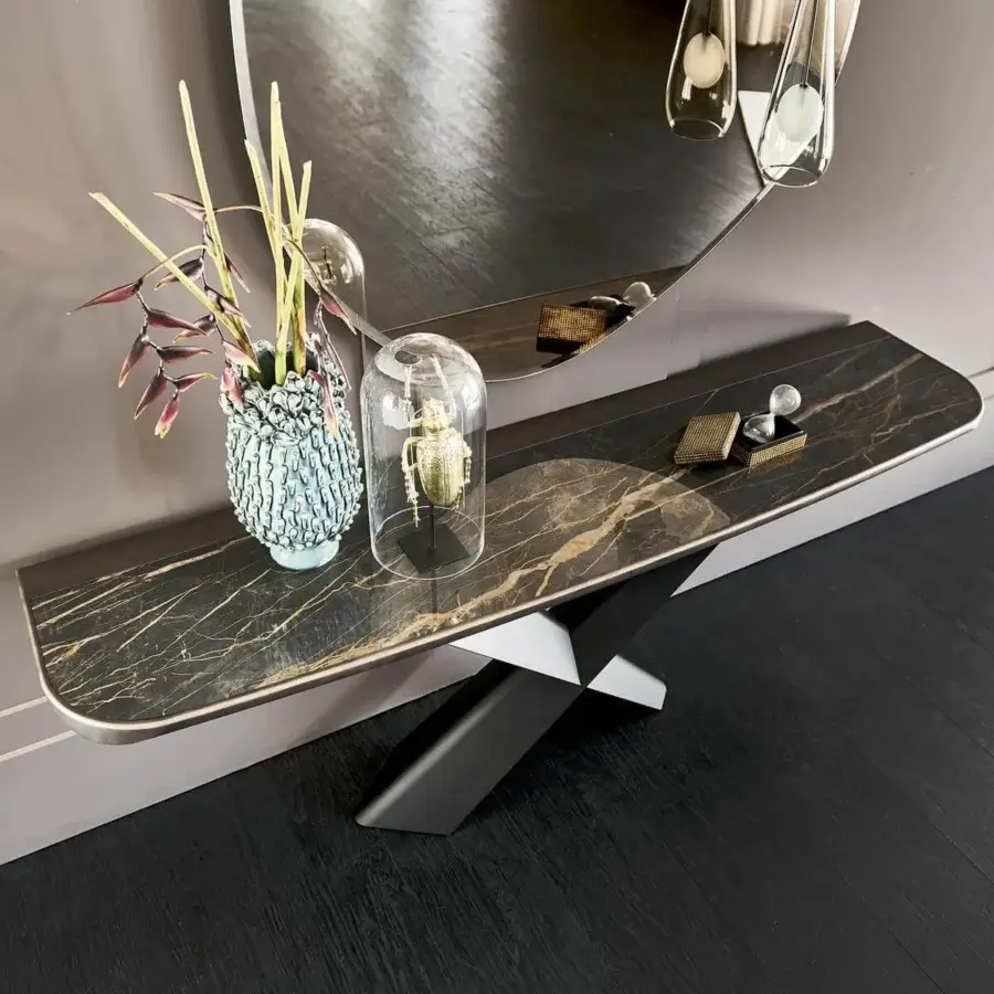 Exclusive Cattelan Italia Terminal Keramik console in dark ceramic with gold veining and brushed grey geometric metal supports