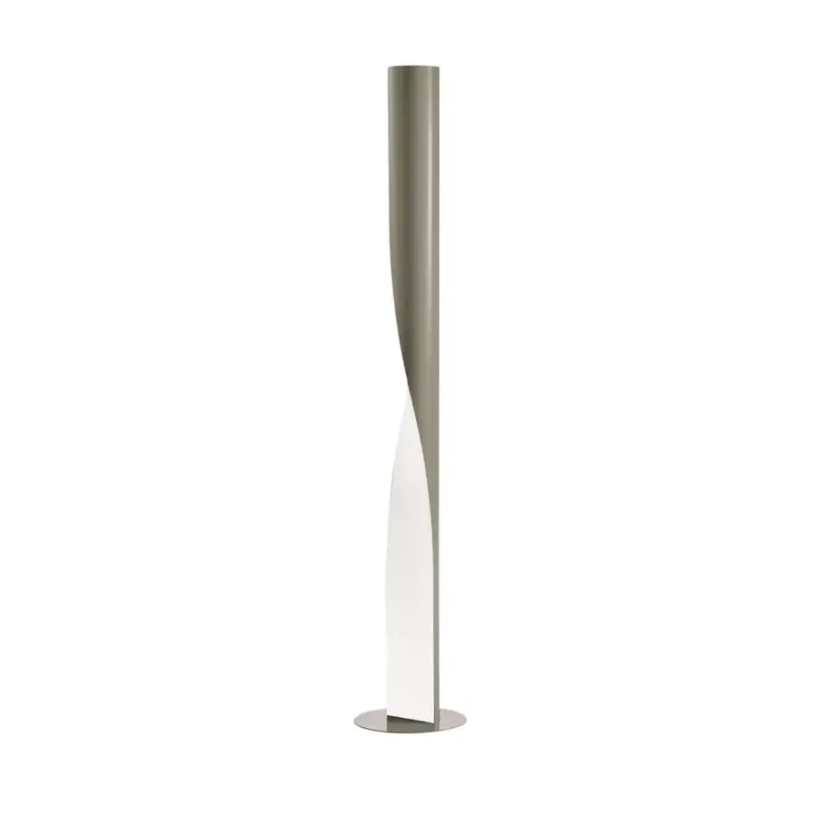 Elegant Kundalini Evita floor lamp with a twisted multilayered steel body and thermo extensible fabric diffuser in gray and white finish