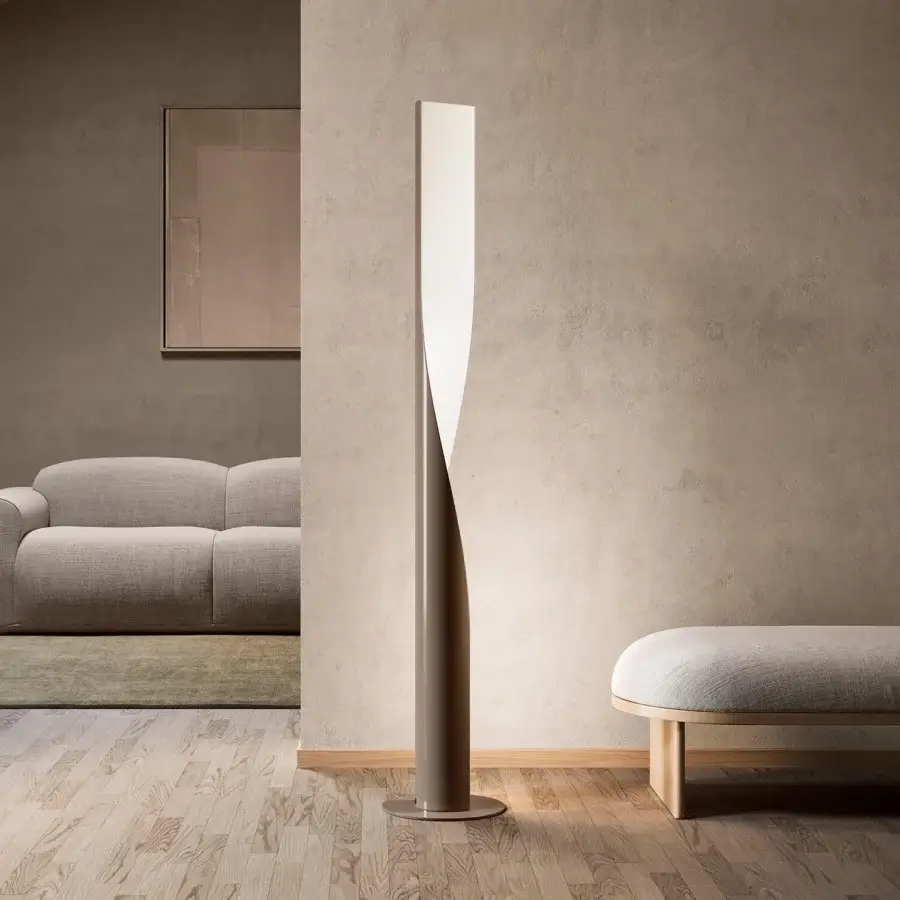 Distinguished Kundalini Evita floor lamp with multilayered steel, technopolymers and a thermo extensible fabric diffuser in taupe and white