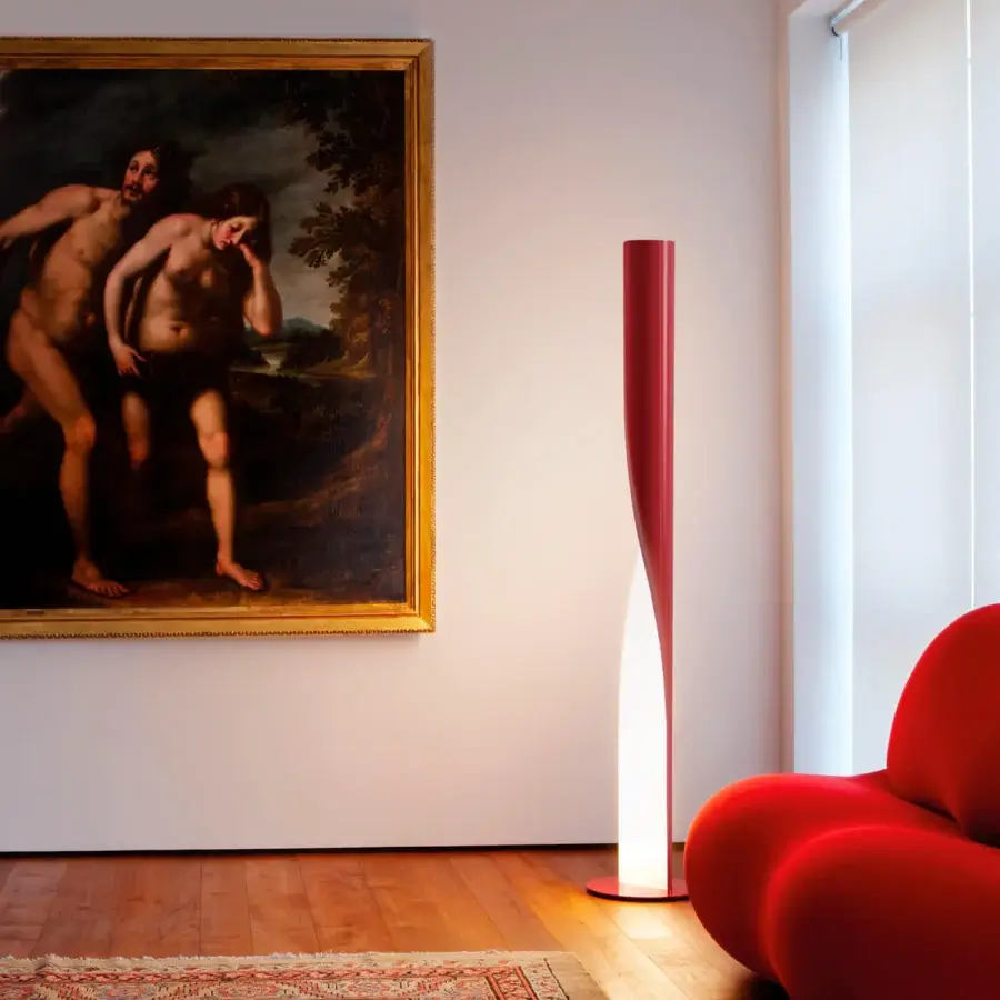 Exceptional Kundalini Evita floor lamp with multilayered steel, technopolymers and a thermo extensible red fabric diffuser with a glossy finish