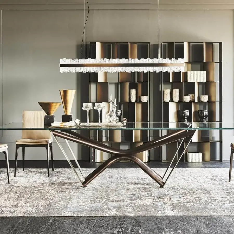 Elegant Cattelan Italia Marathon table with clear glass top and Canaletto walnut base featuring satin metal inserts