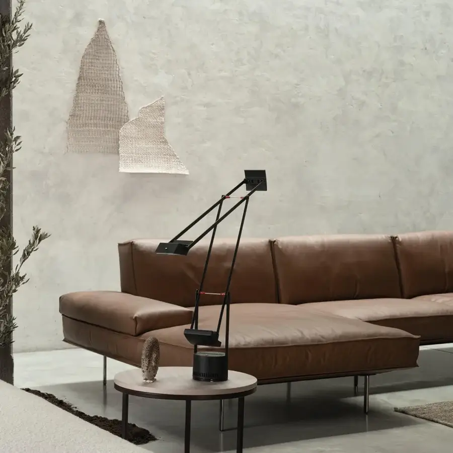 Distinguished Cierre1972 Vogue sectional in rich brown leather with matte finish embodies rationalist geometry and oriental-inspired design