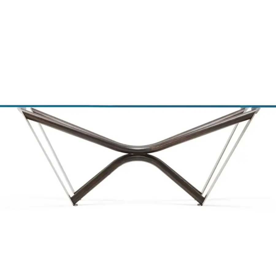 Superior Cattelan Italia Marathon table with light blue transparent glass and solid Canaletto walnut base built with silver inserts