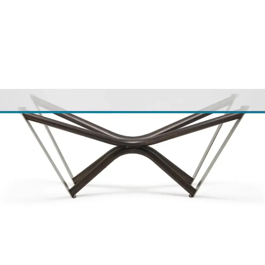 Exceptional Cattelan Italia Marathon table with clear glass and a solid Canaletto walnut base crafted with refined metal inserts