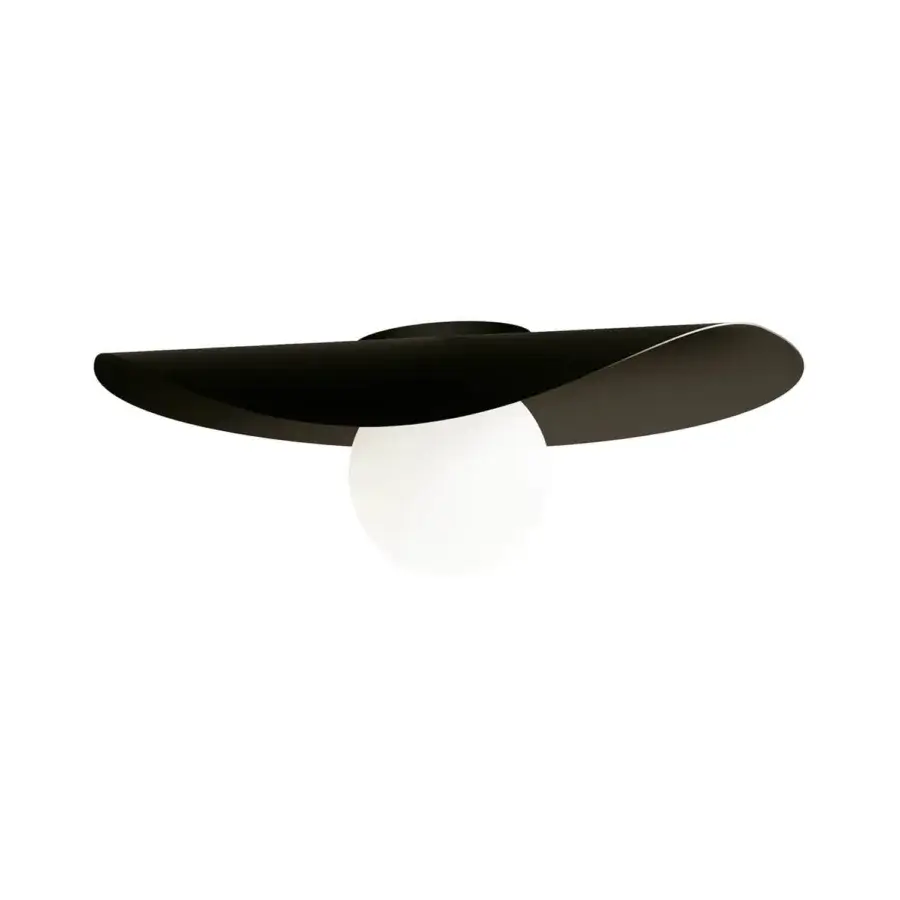 Distinguished Kundalini Flow ceiling lamp with an opal diffuser built within a metallic coated structure and glossy black shade