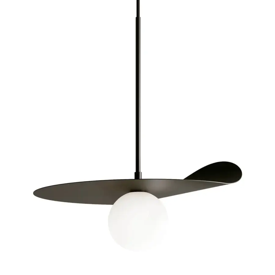 Distinguished Kundalini Flow suspension lamp with an opal diffuser built from two layers of blown glass and metallic coating