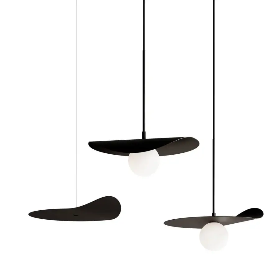Elegant Kundalini Flow suspension lamp with a wide, subtly curved lampshade crafted from opal blown glass and metallic coated structure