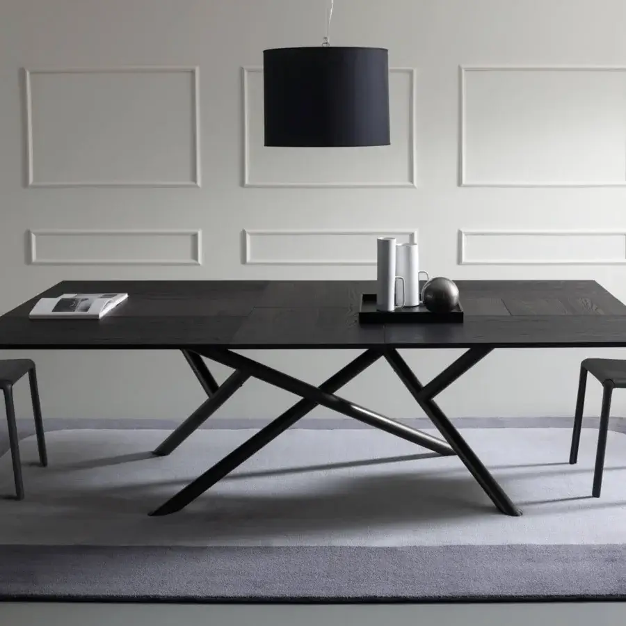 Distinguished Ozzio Italia Random extendable table with dark wood and angular metal tube base in matte finish